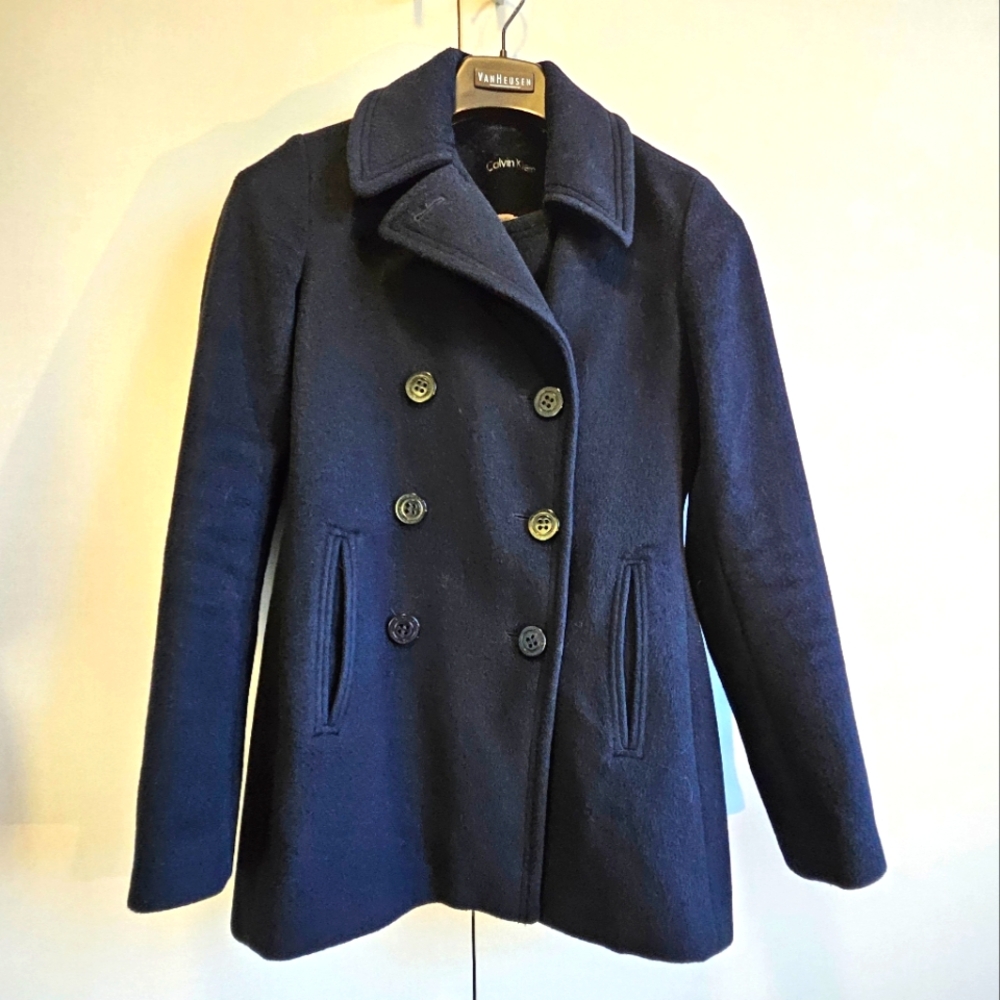 💜 Calvin Klein wool blend double breasted peacoat black PTP 17"